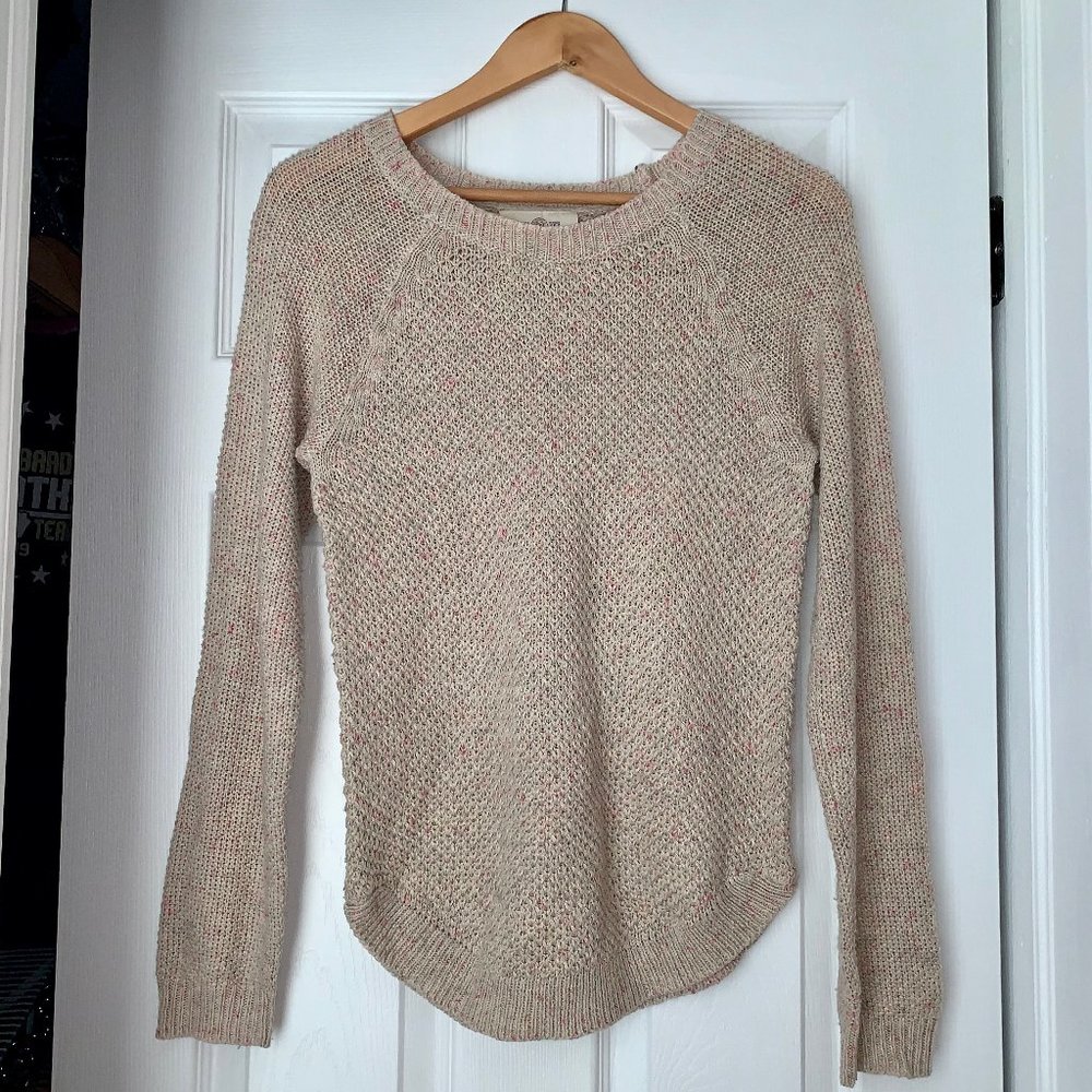 beige and pink pullover knit pullover sweater